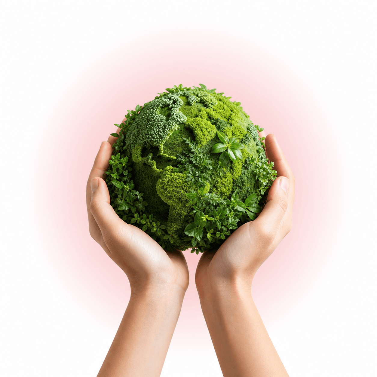 Hands holding a living globe covered with green plants